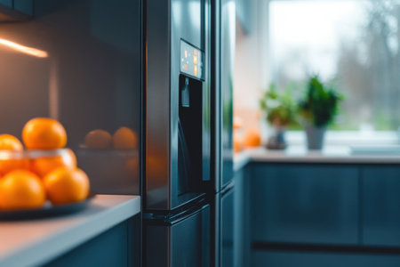 A sleek kitchen features a black refrigerator and a bowl of fresh oranges on the counter near a sunny window.の写真素材