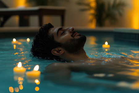 A young man enjoys a peaceful moment in a candlelit pool, creating a calming atmosphere for relaxation.の写真素材