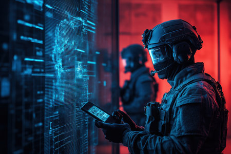 Military personnel focus on glowing digital interfaces while using handheld devices in a futuristic setting.の写真素材