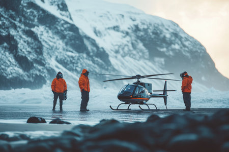 Explorers in bright orange jackets stand near a helicopter on a snowy terrain surrounded by mountains.の写真素材