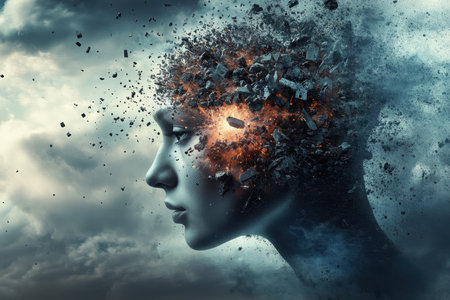 A striking representation of a face breaking apart, as fragments surround the head under a cloudy sky.の写真素材