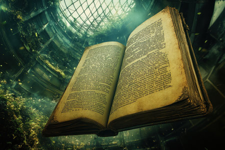 An ancient book floats in a lush, green ambiance, surrounded by light beams filtering through the darkness.の写真素材