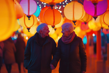 An elderly couple strolls together, holding hands beneath vibrant lanterns adorned with warm lights in the evening.の写真素材