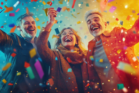 A group of three friends smiles and laughs while enjoying a lively celebration filled with confetti and colors.の写真素材