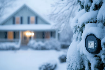 A snowy evening reveals a charming house with warm lights and an outdoor temperature reading 37 degrees.の写真素材