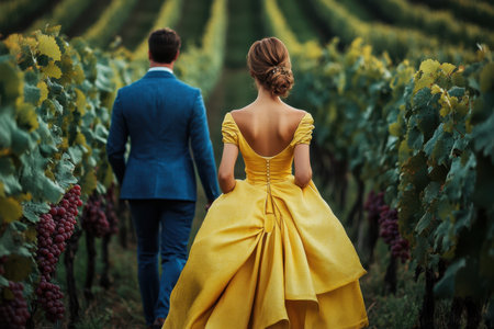 A couple strolls through a lush vineyard, enjoying the tranquil beauty of nature at sunset, radiating romance.の写真素材