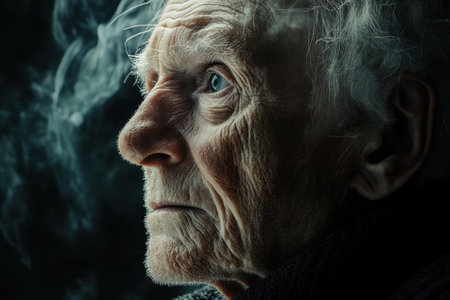 An elderly man gazes thoughtfully as smoke curls softly around his face in a dimly lit space.の写真素材