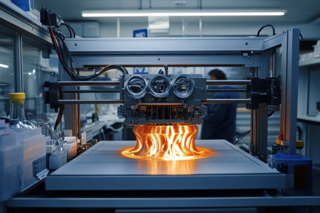 Advanced 3D printer works on a complex design in a well-lit laboratory setting, showcasing innovative technology.の写真素材