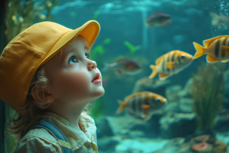 A young child admires vibrant fish swimming in an aquarium during a visit to a marine exhibit.の写真素材