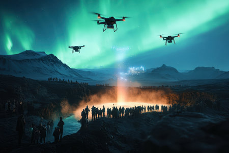 Spectators gather near a geothermal area while drones capture the stunning northern lights above.の写真素材