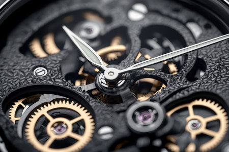 Close-up of a watch's inner workings showcasing precise gears, intricate design, and craftsmanship.の写真素材