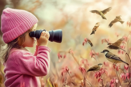 A young child wearing a pink hat watches birds closely through binoculars in a colorful autumn landscape.の写真素材