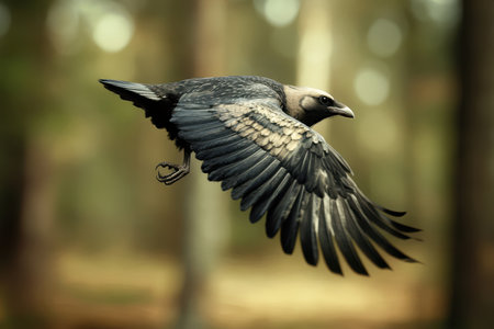A bird soars gracefully through the air, showing its elegant wings and vibrant plumage in a serene forest.の写真素材