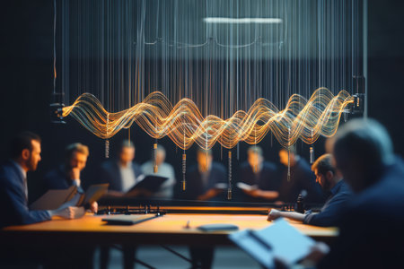 A group of professionals engages in a discussion about sound waves during a conference presentation.の写真素材