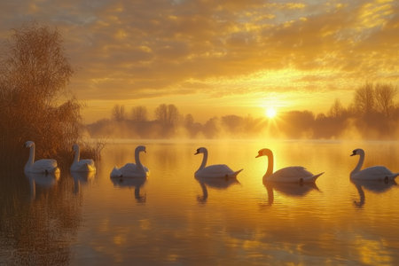 Swans glide peacefully on a serene lake as the sun rises, casting warm light across the calm waters.の写真素材