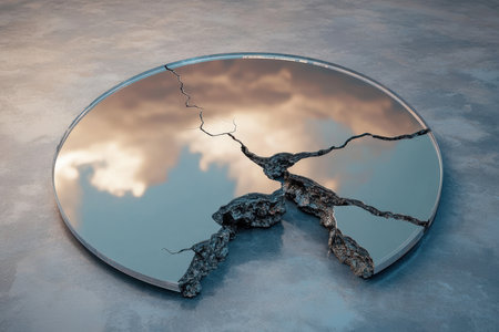 A cracked mirror showcases a cloudy sky, resting on a smooth surface, revealing a blend of art and nature.の写真素材