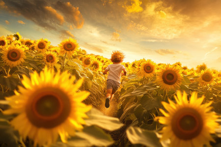 A child plays happily in a vibrant sunflower field, surrounded by blooming flowers under a golden sunset.の写真素材