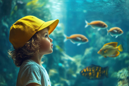 A young child watches various colorful fish swimming in an aquarium, looking curious and excited.の写真素材