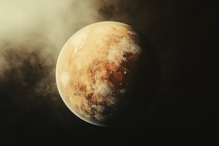 An intriguing view of a distant planet surrounded by ethereal clouds, showing its unique surface texture and colors.の写真素材