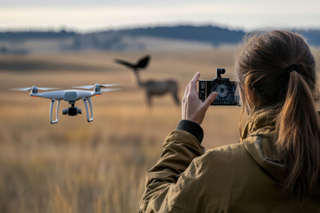 A person operates a drone while observing wildlife in a tranquil, open field at sunset.の写真素材