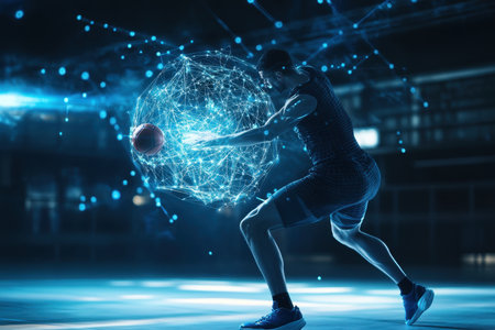 An athlete in motion interacts with a glowing digital sphere while practicing basketball indoors.の写真素材