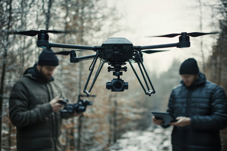 Two drone operators check equipment in a snowy forest while preparing for aerial footage capture.の写真素材