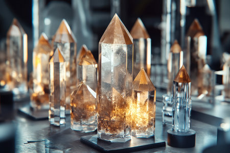 Various clear and golden crystals are arranged on a table, reflecting light in a stunning display.の写真素材