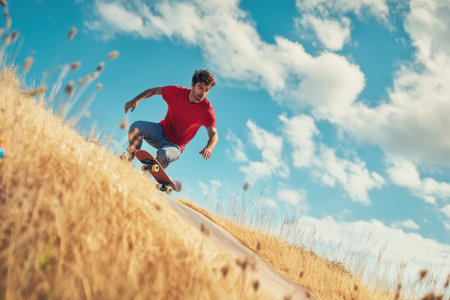 A young man in a red shirt skateboards down a grassy hill, enjoying a sunny afternoon outdoors.の写真素材