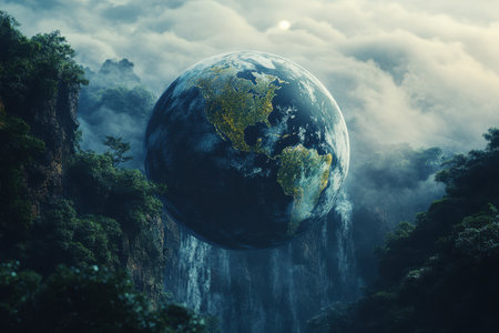 A vibrant depiction of the Earth suspended above a powerful waterfall, surrounded by lush greenery and mist at dawn.の写真素材
