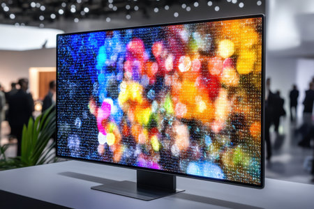 A sleek television stands in an exhibition with a colorful bokeh design, attracting visitors' attention.の写真素材