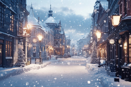 Soft snow blankets a quaint street lined with festive lanterns and snow-covered trees, creating a serene atmosphere.の写真素材