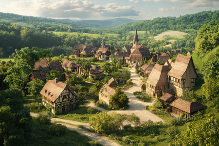 The picturesque village is surrounded by green hills and fields, featuring charming wooden houses and a winding path.の写真素材