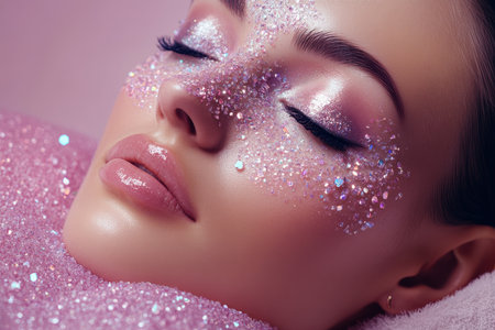 Close-up of a model showing glittery makeup with sparkling accents in a delicate pink environment.の写真素材
