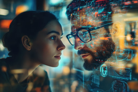 Two people focus intently on each other while digital elements surround them, showcasing a contemporary atmosphere.の写真素材