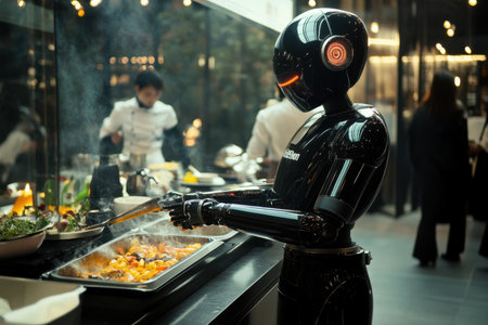 A robot chef skillfully stirs a vibrant vegetable dish while a human chef assists nearby in a sleek kitchen.の写真素材