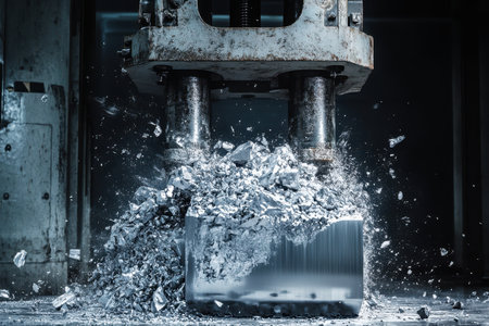 A metal block is crushed by industrial machinery, creating shards and metallic debris inside a factory.の写真素材