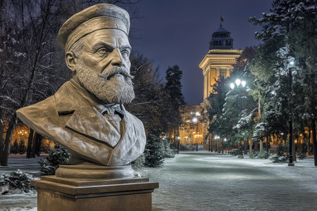 A detailed bust stands in a winter park, surrounded by snow and soft lights, capturing the atmosphere of the night.の写真素材