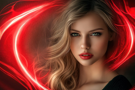 Young woman with wavy hair and bold makeup poses against a dark backdrop with glowing red light.の写真素材