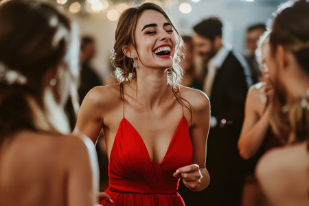 A woman in a red dress laughs and dances among friends, enjoying a festive atmosphere at night.の写真素材