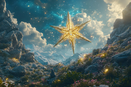 A bright golden star shines in a serene valley, surrounded by blooming flowers and majestic mountains.の写真素材