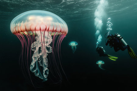 Divers observe majestic jellyfish drifting gracefully in deep blue waters as sunlight fades.の写真素材