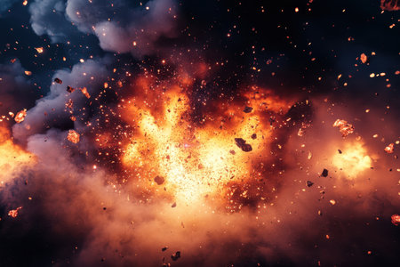 A powerful explosion erupts, sending flames and smoke into the air while debris scatters in all directions.の写真素材