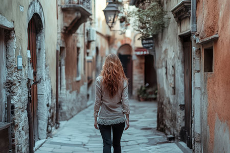A woman walks through a charming cobblestone alley, surrounded by historic buildings as dusk falls.の写真素材