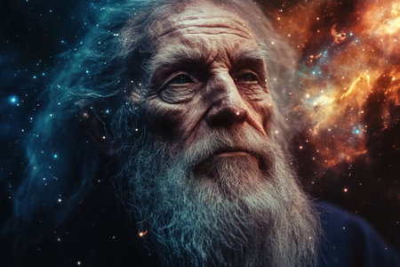 An elderly man with a long beard gazes thoughtfully into a vibrant cosmic background of stars.の写真素材