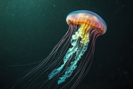 A vibrant jellyfish glides effortlessly, showing its long tentacles and glowing body beneath the ocean's surface.の写真素材