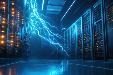 A data center is illuminated by blue lightning, showing advanced technology in a dramatic setting.の写真素材