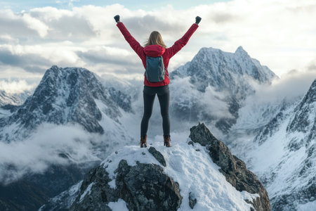 A person stands triumphantly on a rocky peak, surrounded by snow-capped mountains after a climbing adventure.の写真素材