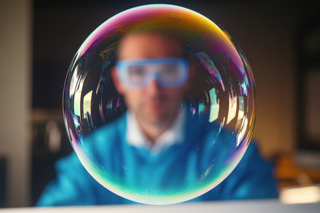A vibrant soap bubble floats in front of a person wearing glasses, capturing light and colors.の写真素材
