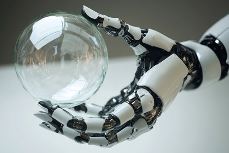 A robotic hand skillfully balances a transparent glass bubble, showing advanced technology and design.の写真素材