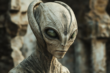 An alien watches its surroundings in a crumbling stone structure at twilight, creating an eerie atmosphere.の写真素材